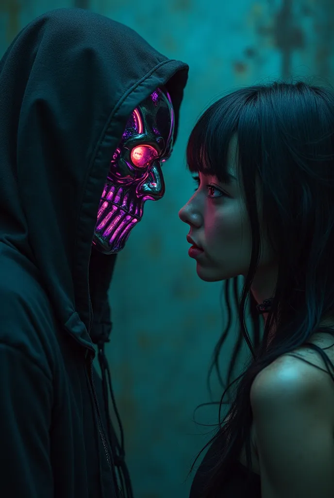 Young woman with black hair is beautiful and looks at a man with neon mask and hood in the eye, grim, uncanny, creepy,  Close Up 