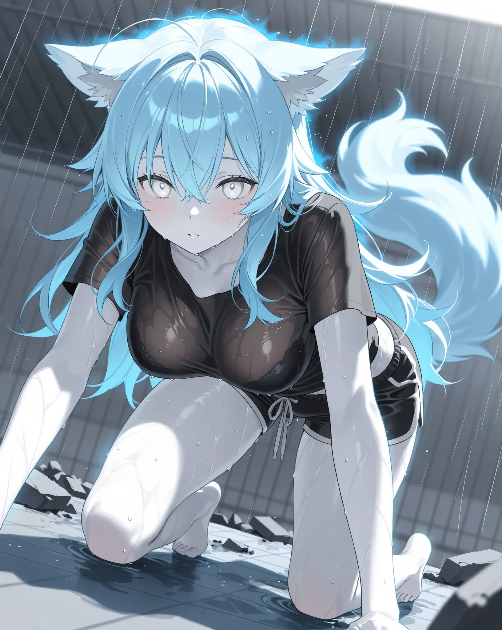 best image quality、Hi-Res、 diamond blue hair 、white eyes、、rooftop、  BLACK HIM T-SHIRT 、beautiful breasts、  best thighs、Blue aura、 long hair、best image quality、floating rubble、black shorts、 white skin、 the royal family、、Straight face、Waking up、Bedhead、 blac...