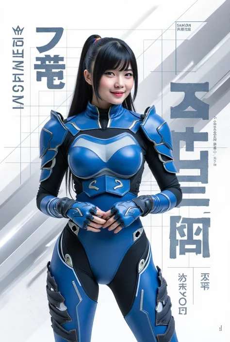 Female Blue outfit samurai Heavy Armor, tight Blue samurai Heavy Armor suit with motif geometris shape in white color. Super heroes Poses, smiling seductif

The background is a clean, high-tech graphic design with sharp geometric patterns, dynamic diagonal...