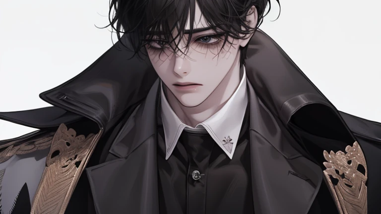 male, solo, adult, pale_skin, fair_skin, muscular, tall,black hair, No decoration, (swept bangs), loose shirt, (Three-Piece Suit), black eyes, tsurime, sanpaku, slanted_eyes, formal_dress, long_coat, sad, ((streaming_tears)), illustration, upper_body, fron...