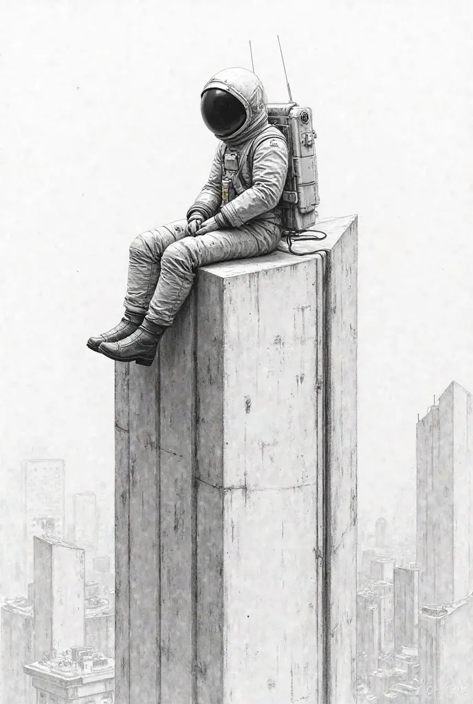 Create for me a pencil drawing of an astronaut sitting on top of a building