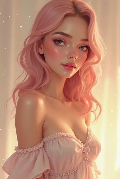 A delicate and graceful woman with soft, almond-shaped eyes that sparkle when she smiles. She has soft pink hair that falls in gentle waves just above her hips. Her skin is fair and flawless, with a subtle, natural glow. She has a curvy frame with an ample...