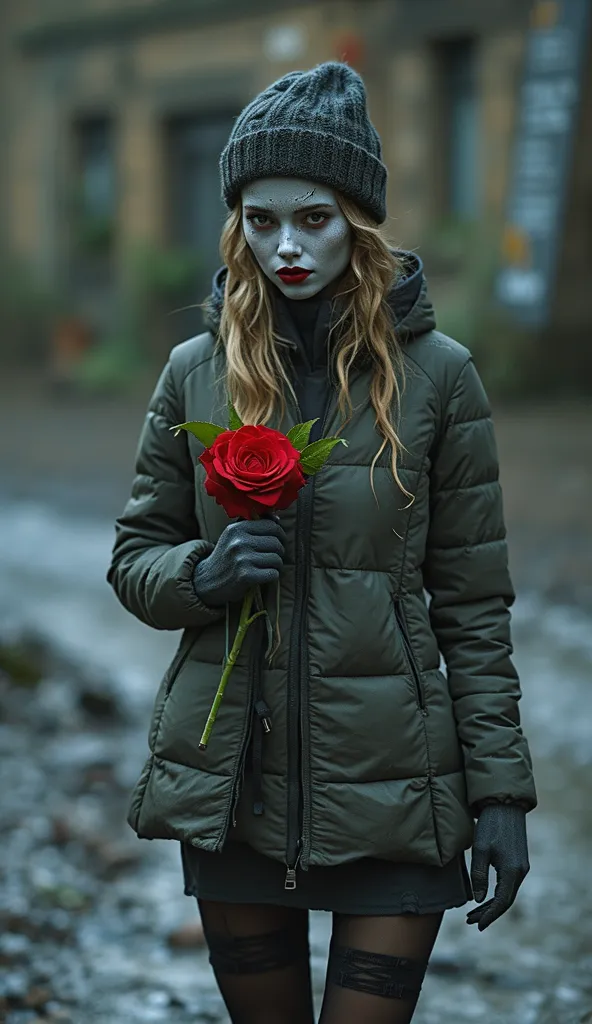 grainy, extremely detailed pale woman head in mud pit in washed dark lightweight down jacket,short skirt, detailed stockings with garters, standing, victim of the ritual, murky sludge,   fashion photo shoot,dark orgasm, Posing Sexually, provocative photo s...