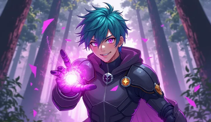 Anime illustration bright rich, guy with turquoise hair and purple eyes, standing in a dynamic pose with a confident smile. He points his right hand forward,  radiating magical energy , painted in rich purple hues.  His eyes are directed directly at the vi...