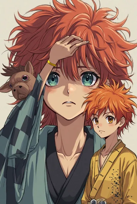 a boy with red hair wearing a priest's gown ,with a baby blue and black checkered kimono. Another muscular boy,wearing a wild boar mask. A shirtless boy with orange hair,with yellow kimono with black dots,glaring out of your eye.