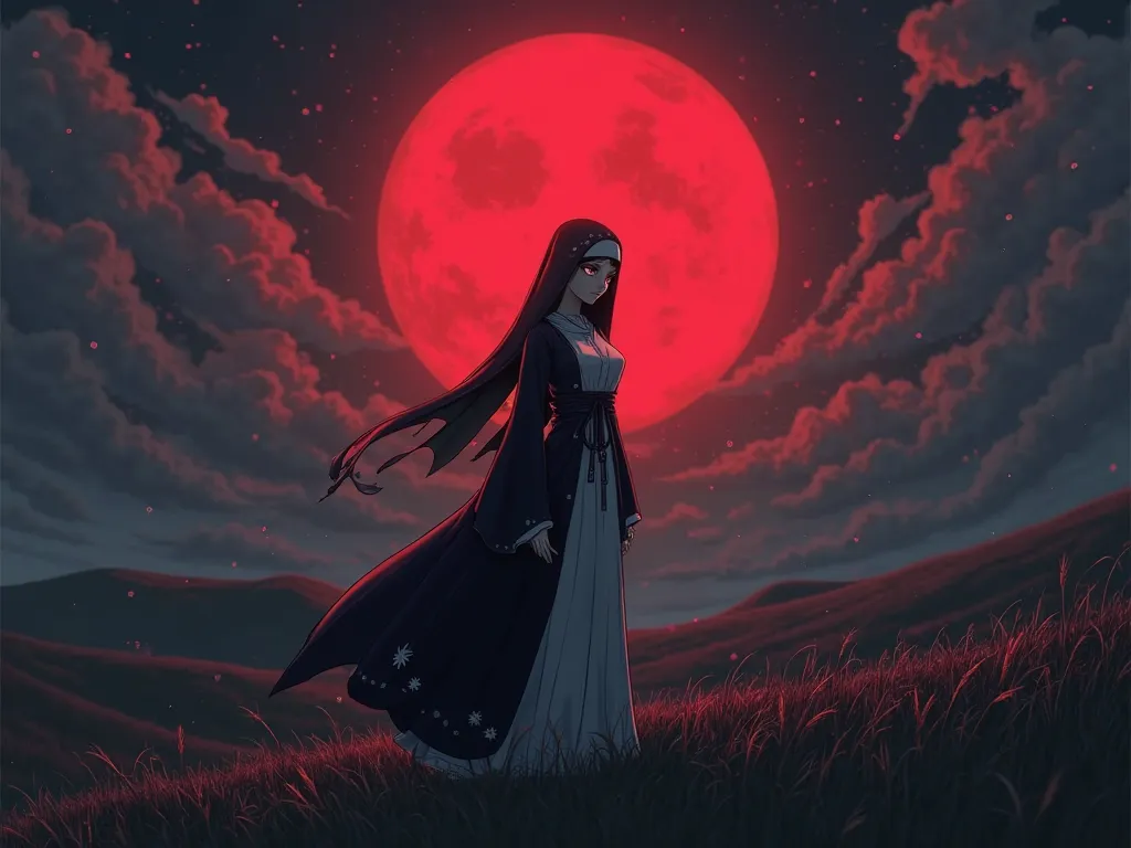 anime nun on the hill, blood moon, field