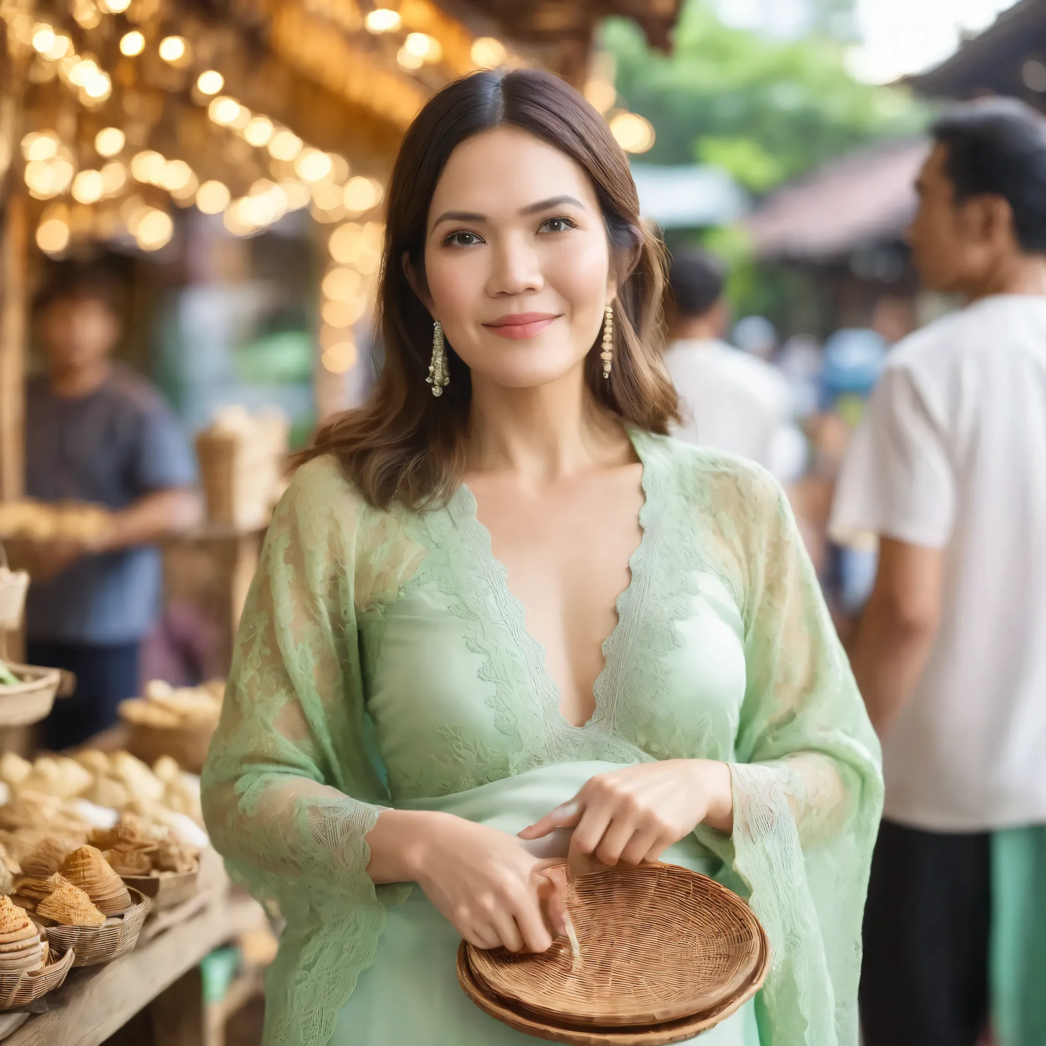 best quality, highres, 8k, masterpiece, photography, detailed midbody photorealistic portrait. Mandy Moore walks through Geylang Serai, wearing an elegant pastel green lace lingerie set inspired by the baju kurung, featuring a soft lace bralette with long ...