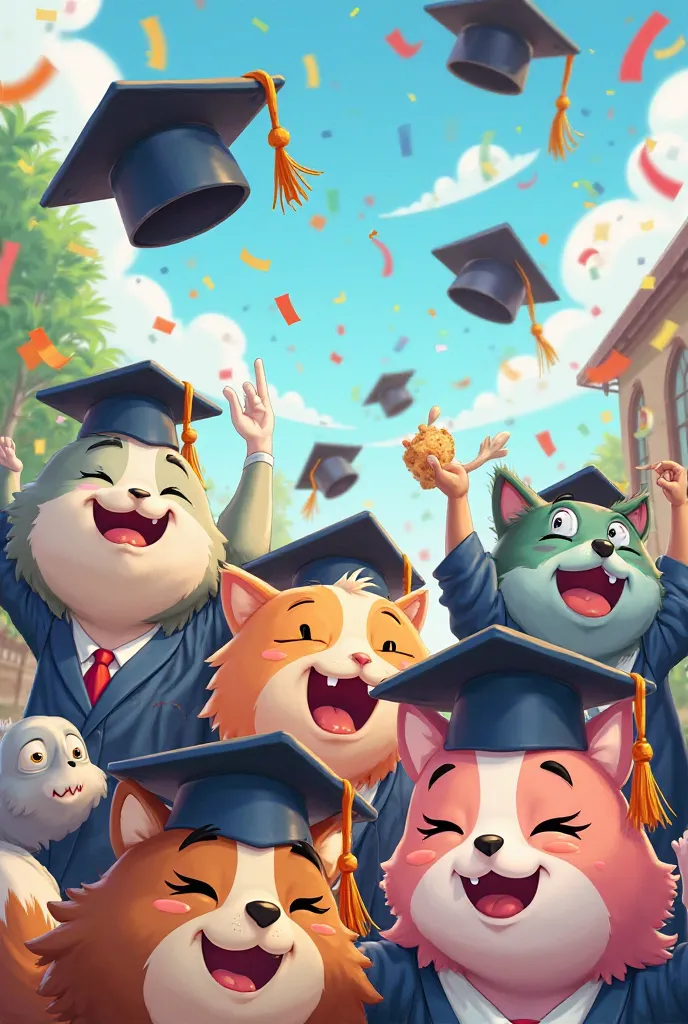 11 cartoon characters with graduation caps on their heads