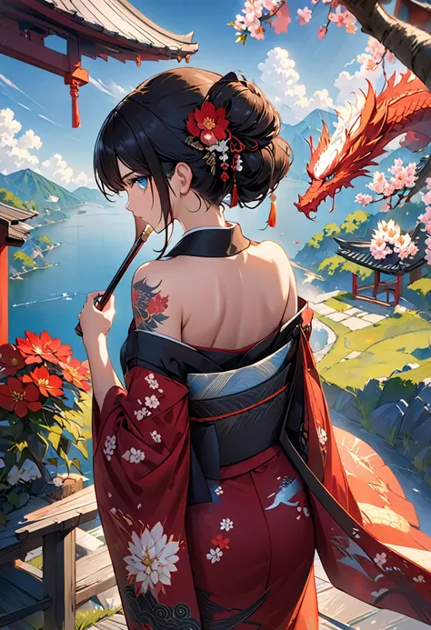 masterpiece, Top Quality, best quality, official art, Beautiful and Artistic:1.2),1 girl, tattoo, Alone,  kimono, Red and black kimono, HAIR ACCESSORY, unsheathing,   black hair, sheath, back tattoo, dragon tattoo, Blue Eyes, Off Shoulder, bare shoulders, ...