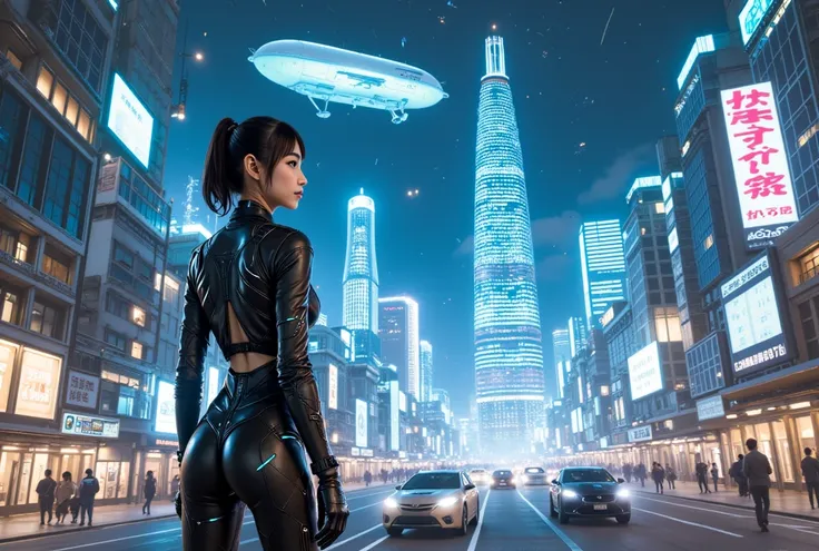 A cyberpunk floating city at night, detailed and futuristic. The skyline is illuminated by blue neon lights, with towering skyscrapers and transparent skywalks. Massive airships float between buildings, and holographic advertisements project into the air. ...