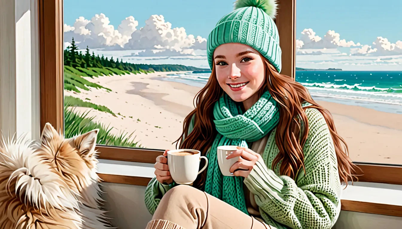 Image is a digital artwork featuring a cozy, inviting scene. In the foreground, a woman with fair skin and long, wavy auburn hair is seated. She is wearing a cream-colored knit beanie with a pom-pom, matching scarf, and a fluffy coat. Her outfit is complem...