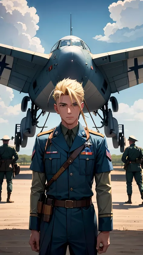 i am making a anime and want a character the is a world war 2 US army Airman who crash landed in japan. depict him in his WWII airman uniform, but make sure he does not have a weapon. make him a blond midwestern american. he was a rancher before he joined ...