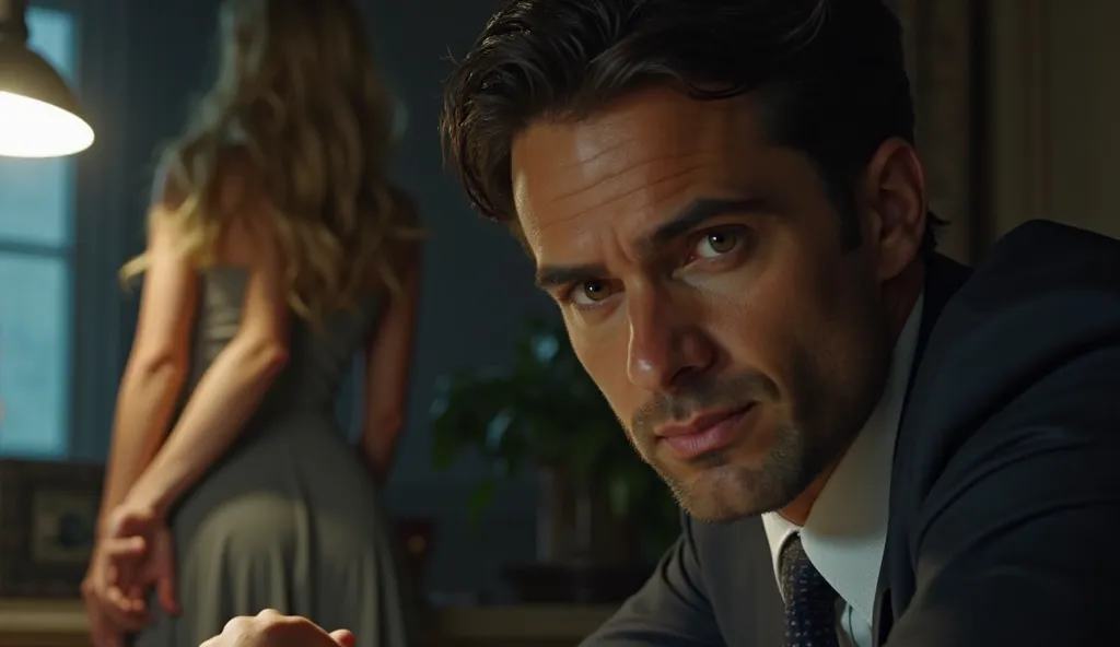 A highly detailed close-up of Carlos, a handsome 35-year-old man with dark hair and a business suit, sitting at his desk in a dimly lit office. His eyes are fixated on his young, blonde secretary, who stands by the window with a slight smile, her back turn...