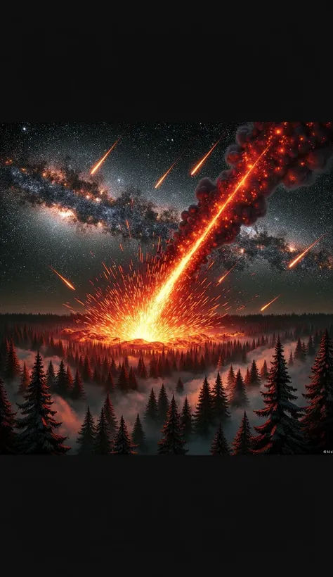 a meteor tearing through the starry sky, lighting up the sky, and falling into the forest making a flash, and a crater

