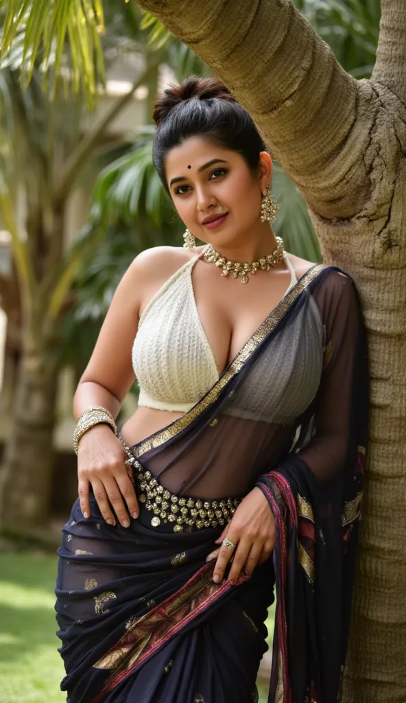 Full body image,(best quality, masterpiece:1.3), (detailed:1.2),Indian beautiful woman sexy bhabhi,facing to camera in standing position leaning to tree ,in garden posing for camera under the tree, Sleeveless blouse,very deep cleavage,curvy plus size model...