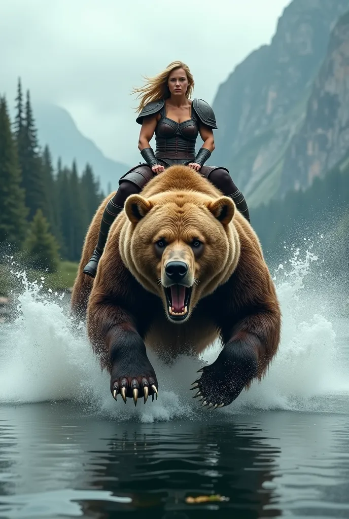  A powerful and intimidating muscular blonde woman rides atop a giant bear, racing across the surface of a vast lake. The woman is strong and imposing, her muscles defined beneath her warrior attire, which includes armor designed for both protection and mo...