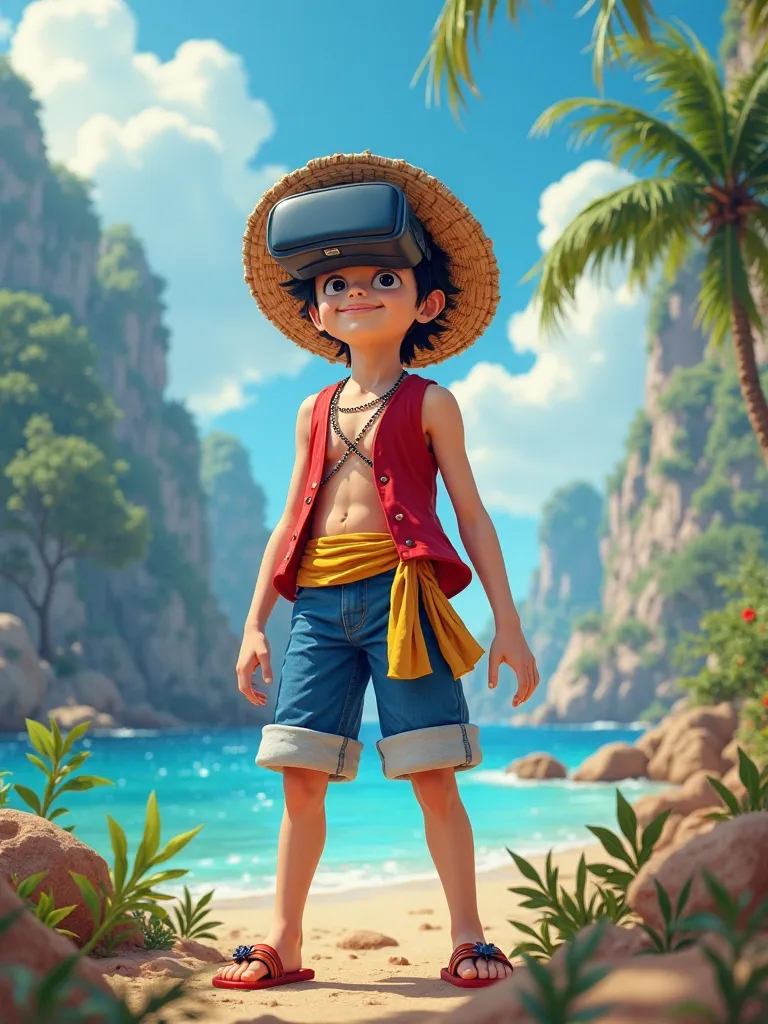  boy,Dress up as Luffy from the One Peach cartoon,virtual reality series,virtual reality photos,sees the whole body,color excellent quality,Fresh Color ,Dark color, fine fabric pattern , main character ,detailed scene composition,Beautiful landscape,colorf...