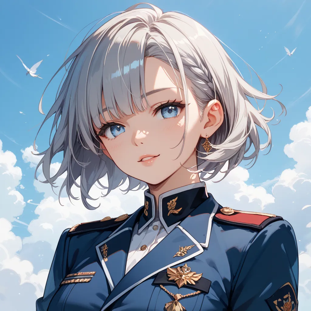 1 woman、Gray Hair、light blue eyes、long wolf cut、 beautiful and cute、uniform、 white solid background for background