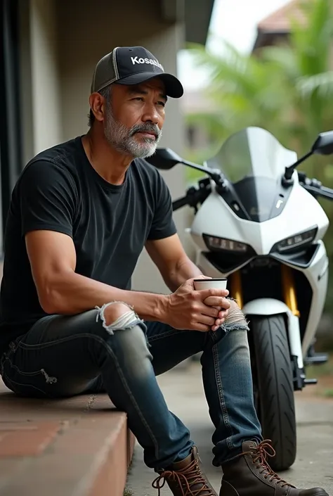  Handsome looking Indonesian 40 year man wearing ripped jeans wearing baseball cap inscribed  kosasih wearing boots wearing black t-shirt sitting holding coffee cup on porch chair and spotted white honda vario 2024 Panigale bike in simple home yard