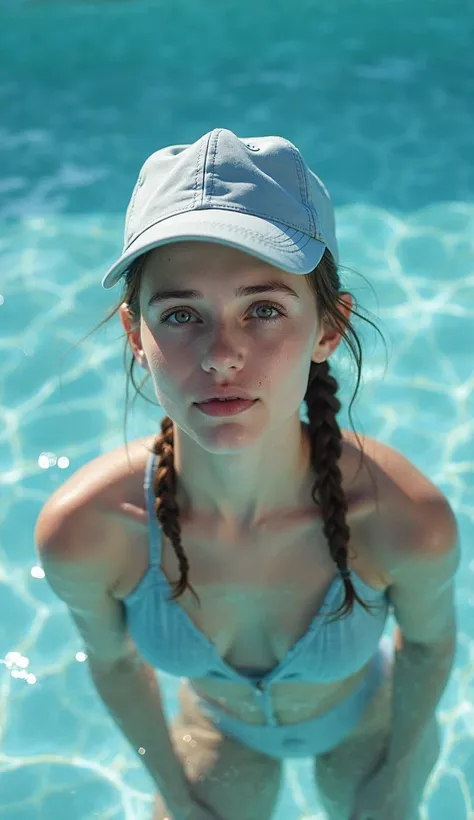 Photo of a distracted girl in the pool with a cap on her head and tied hair 