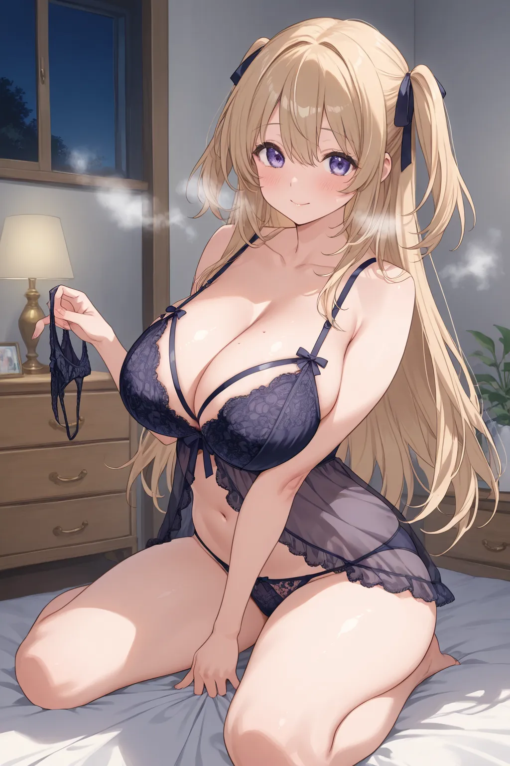 Beautiful Girl、high school girl、big ass、big breasts outdoors at night、Lingerie、 girly room、chest of drawers、chest of drawersの引き出しが開いている、chest of drawersの中にはLingerie、panties in hand、holding panties with both hands、steam from panties、chest of drawersに身を屈める、s...