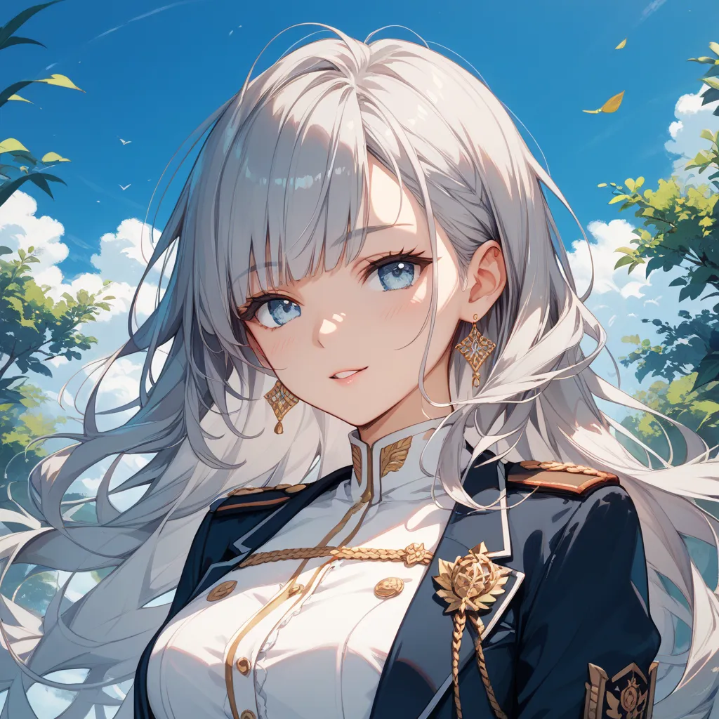 1 woman、Gray Hair、light blue eyes、long wolf cut、 beautiful and cute、uniform、 white solid background for background