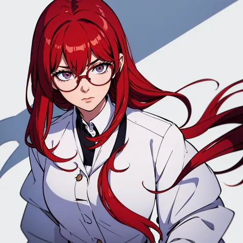 Woman in white coat with long red inverted hair with glasses in white background