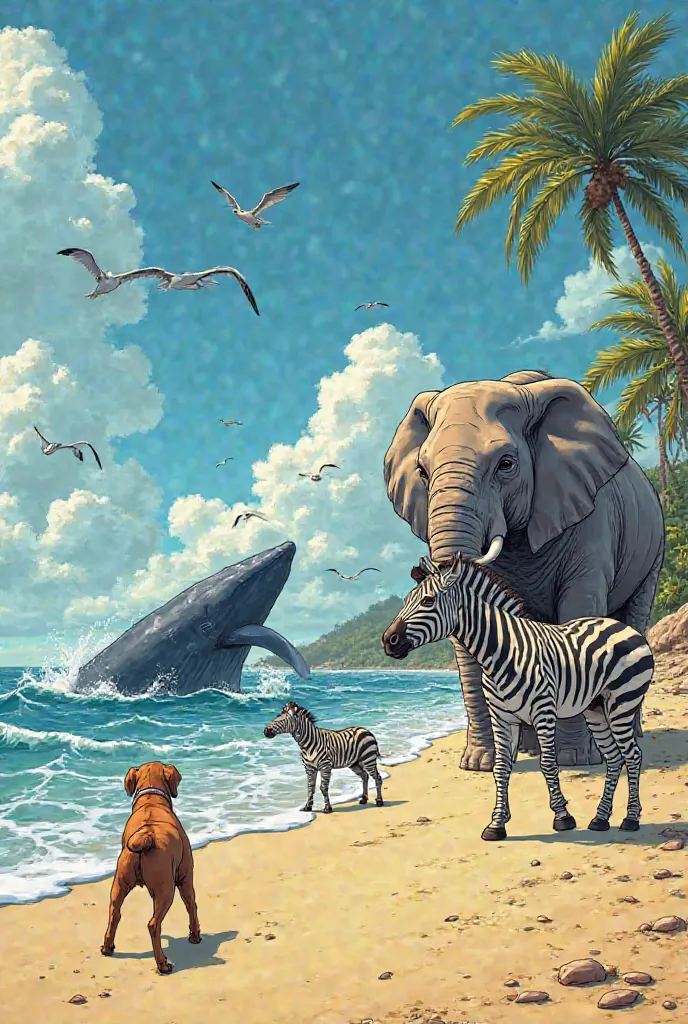 A comic book with 5, where, A dog with a, pictures a zebra and an elephant run on the beach and are attacked by a whale