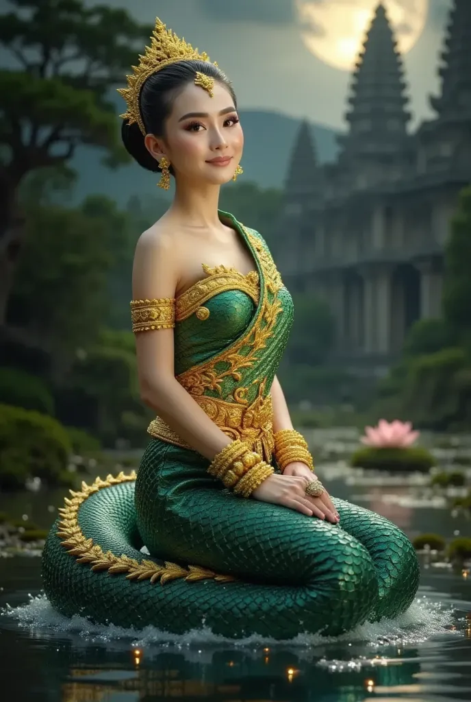 A detailed, high-resolution, full-body close-up airbrush painting of an elegant Thai woman wearing a silk cloth with a complex, she drive on giant dragon, shiny, ornate Thai pattern. With intricate gold embroidery patterns. Sitting with a sweet smile, clos...