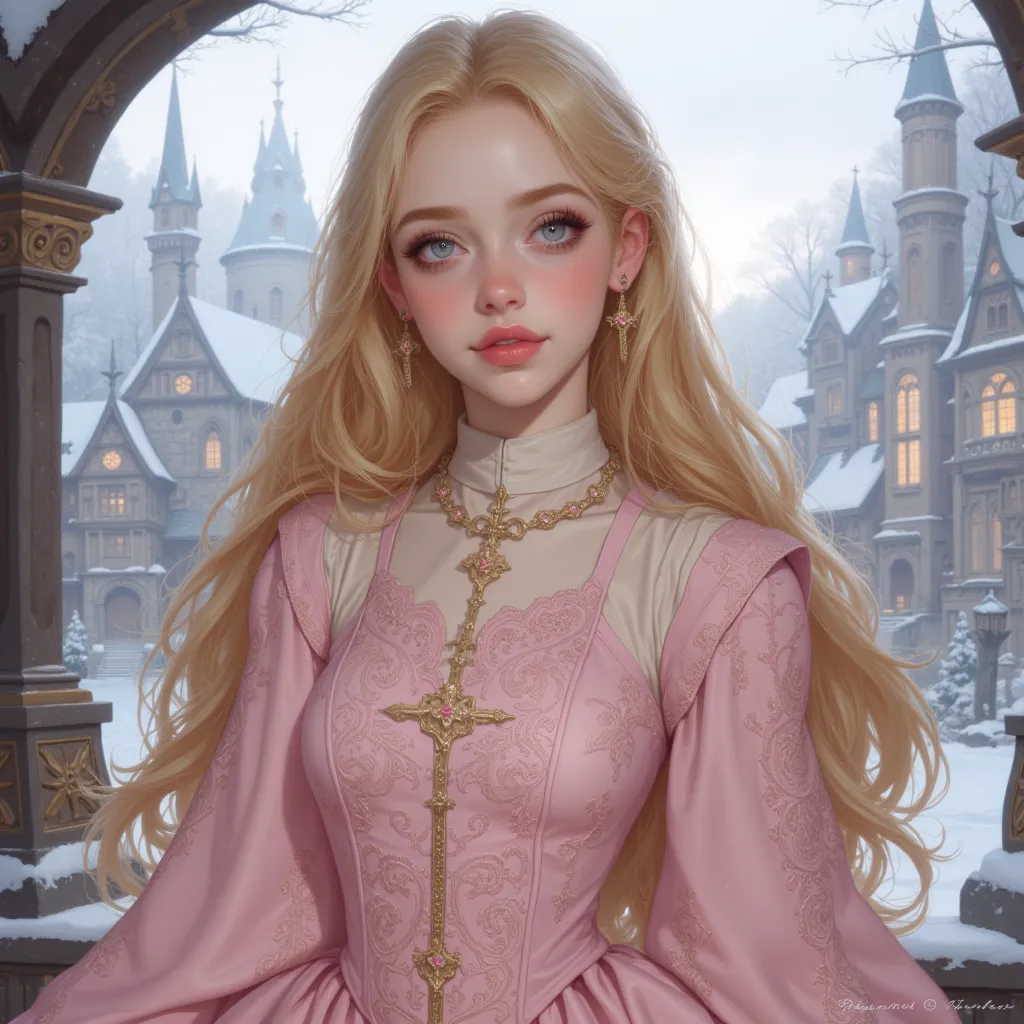 high profile, Digital illustration of a girl in a princess dress, very realistically created,  realistic photo style ,  The character is a pale white woman, , long, big golden yellow hair that popped out from underneath the pale pink princess dress., She h...