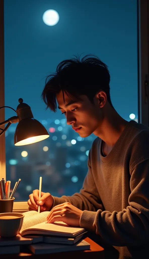 "A handsome young Korean man with sharp features and stylish hair is studying by the window late at night. He wears a casual but fashionable outfit, such as a cozy sweater or a fitted shirt. The dim moonlight and the soft glow from a desk lamp illuminate h...