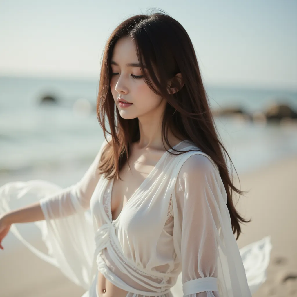 a photograph, specifically a portrait or painting-style shot. It features a person with long hair, wearing a flowing white garment, captured in motion. The background is blurred, giving a dreamy or ethereal effect. The lighting is soft, with natural daylig...