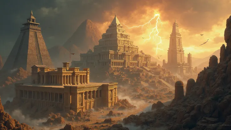 "An epic and detailed digital painting of five ancient biblical buildings, each with unique architecture and surrounded by an aura of mystery. The structures include:

The Tower of Babel – a colossal, unfinished ziggurat reaching into stormy skies, with li...