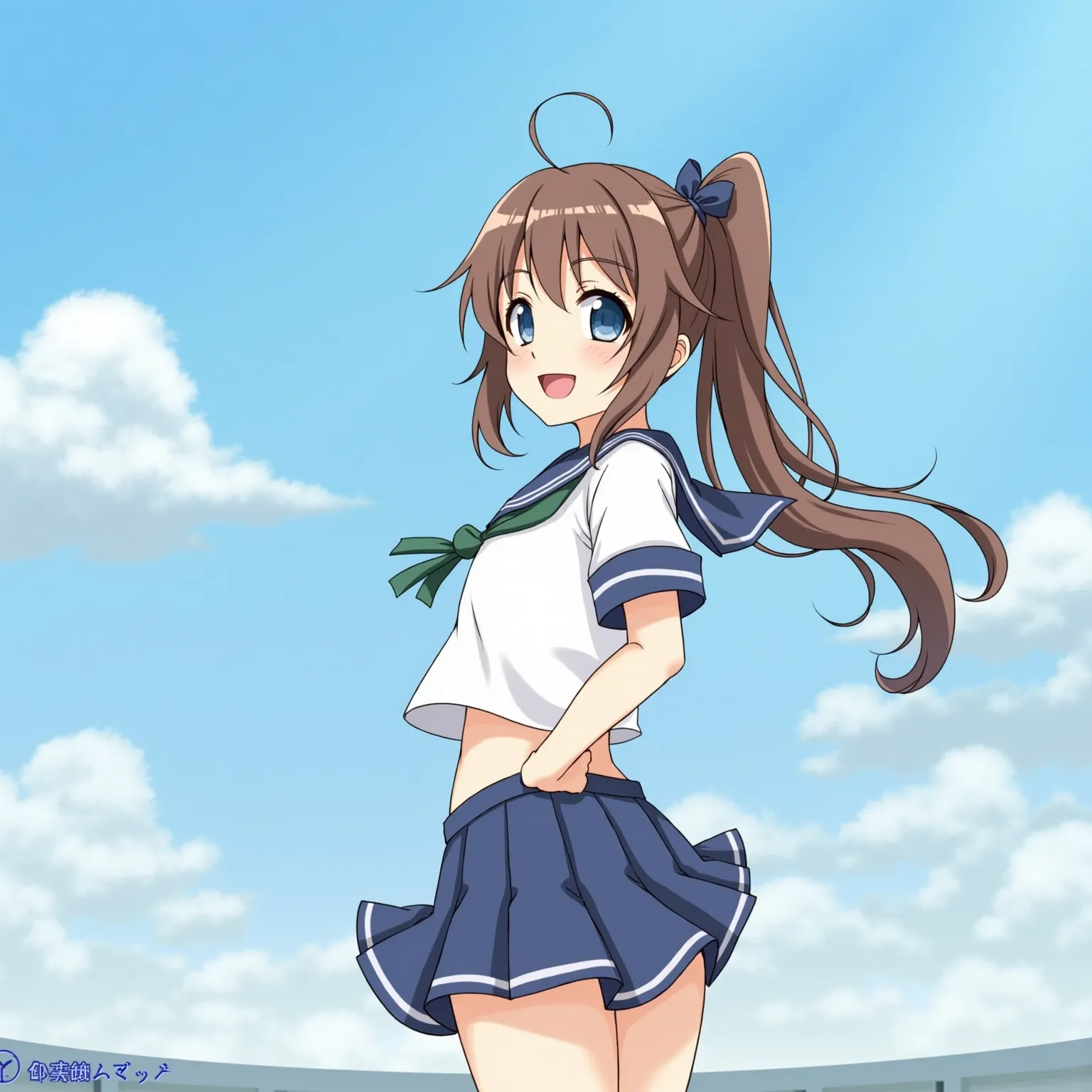  age Girl、 normal breasts 、(brown hair)Sailor uniform,Blue Sailor Suit,,  blue eyes,smiles,  in front of Shimokitazawa station, Hi-Res, solo, Castle in the Sky、blue sky、Castle in the Clouds、Infinite horizon、ponytail, high definition model,  back view, Hi-R...