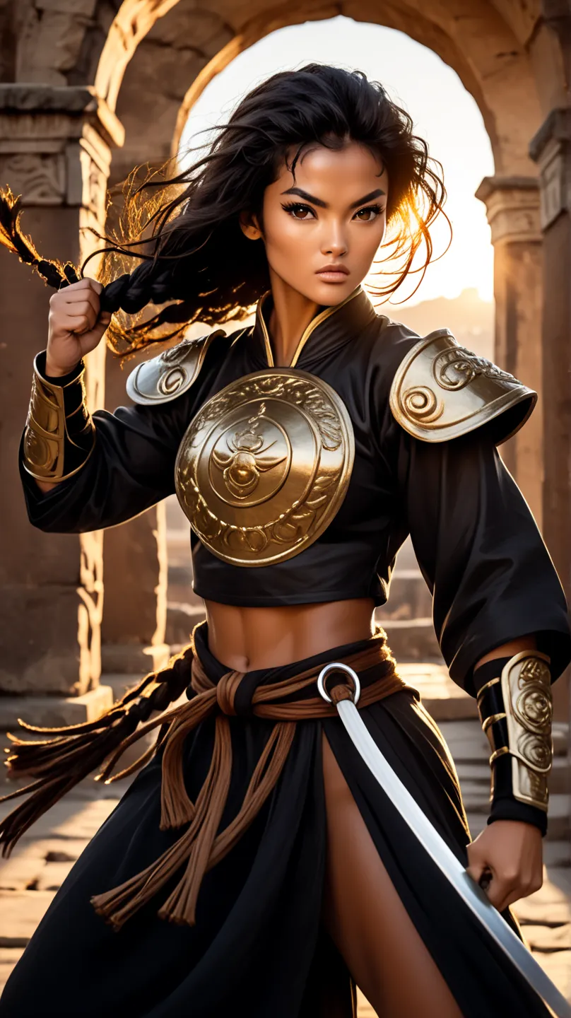 A young, black Brazilian warrior woman of tall, imposing stature, wearing shiny bronze armor that highlights her strong, feminine muscles. Her face is of rare beauty, with elegant features and an expression of determination and strength.
Her skin is a ligh...