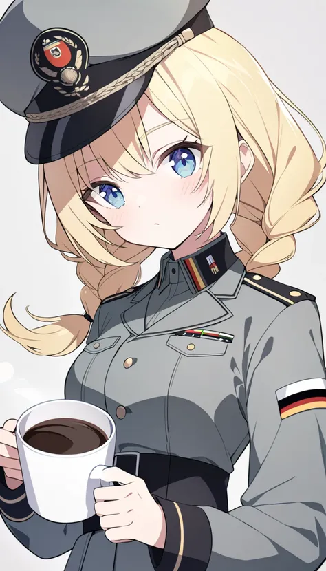 1 girl, blonde hair, blue eyes, twin braids, German army uniform, soldier girl, military hat, grey uniform, holding a cup of coffee, 