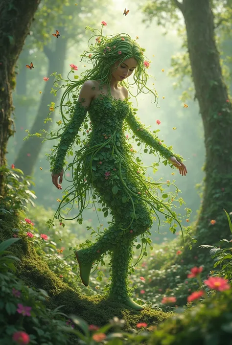 Make a girl made of plants, Flowers in nature,  In the forest, she dances on the tree 