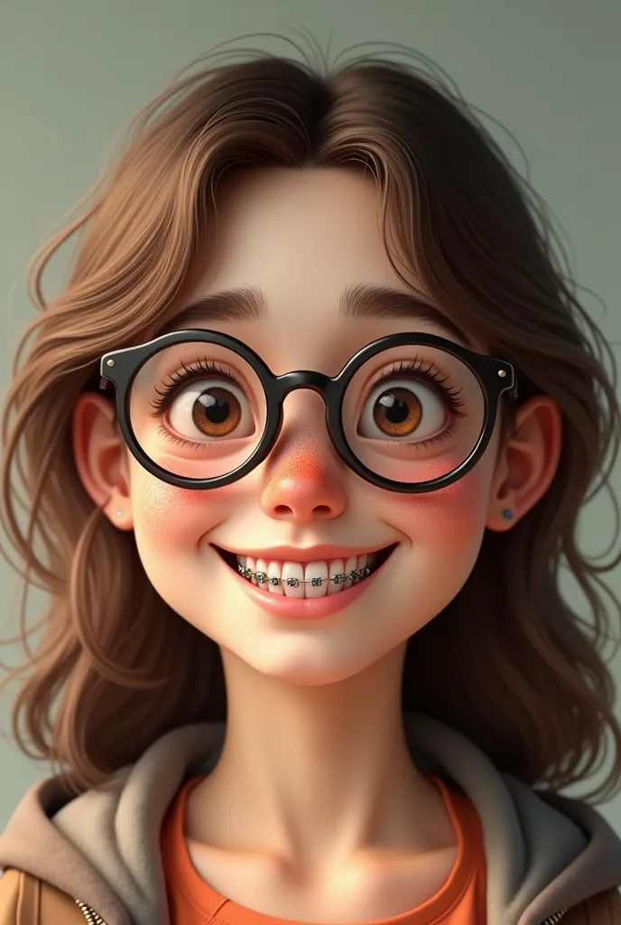 A woman with pimples, braces , eyeglasses and brown-haired 