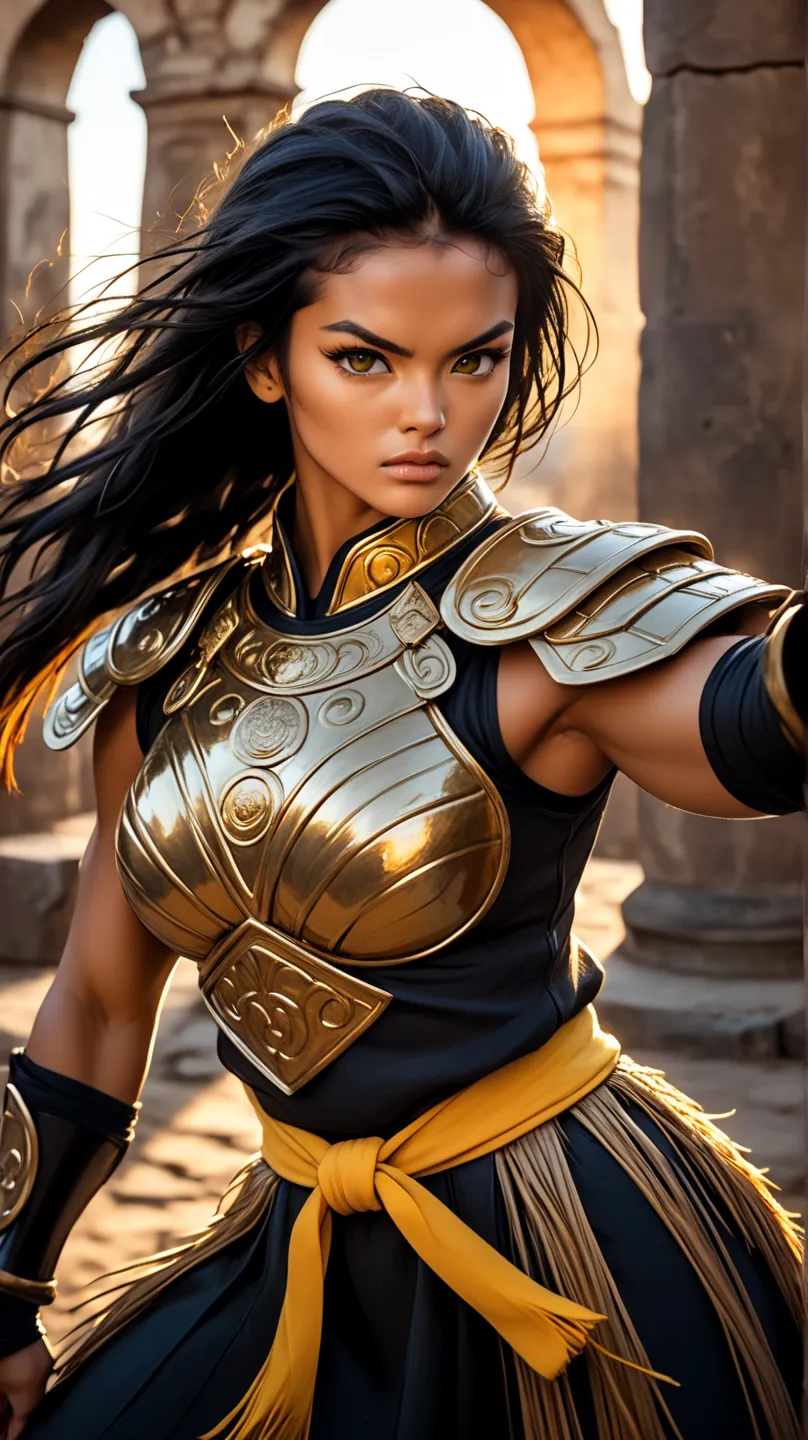 A young, tall, imposing Brazilian Guarani indigenous woman warrior, wearing shiny bronze armor that highlights her strong, feminine muscles. Her face is of rare beauty, with elegant features and an expression of determination and strength. Her skin is ligh...