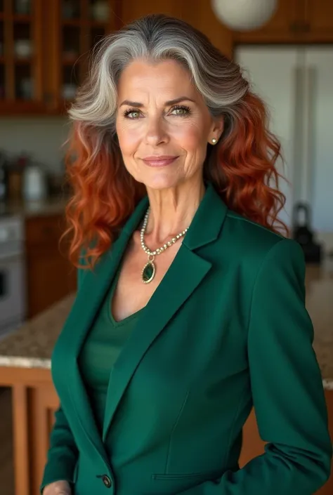 mature mature sexy older woman 60 years old long curly hair red and gray hair woman wearing a formal green suit old woman has a third breast size background large beautiful kitchen room old woman standing woman looking at camera 