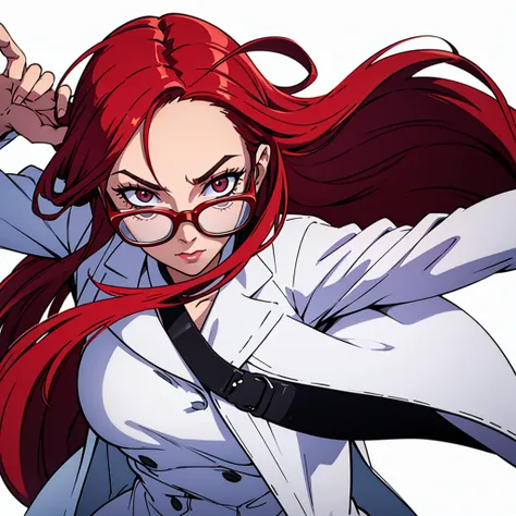 Woman in white coat with long red inverted hair with glasses in white background