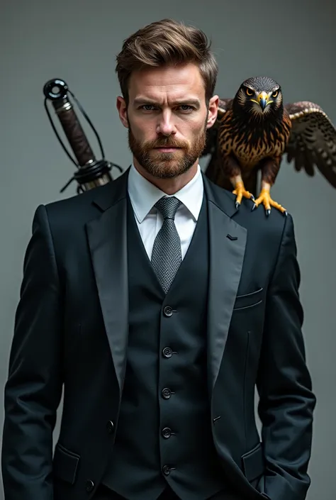 Handsome brown-haired man with short beard dressed in a black suit wearing a white shirt and a gray tie with a Peregrine falcon on his shoulder who carries a sabre wrapped in blue magic in combat posture 