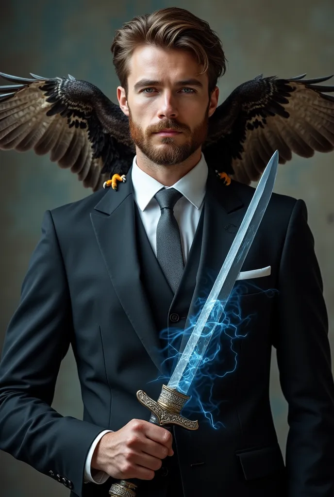 Handsome brown-haired man with short beard dressed in a black suit wearing a white shirt and a gray tie with a Peregrine falcon on his shoulder who carries a sabre wrapped in blue magic in combat posture 