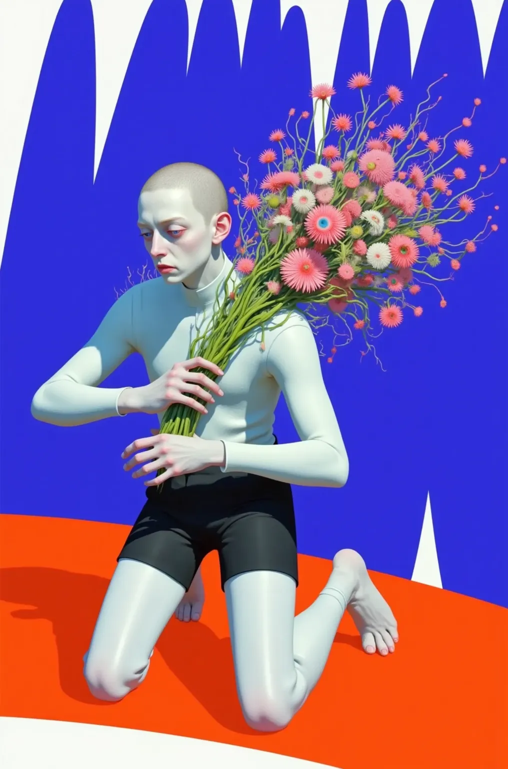 Man holding a bouquet of flowers,  kneeling，  Flowers Grow on Her Body , Transhumanist dance, male fantasist,   psychedelic organic cyborg , inspired by Bruce Nauman,  digital art, steady diffusion of artificial intelligence as a person,  digital collage
