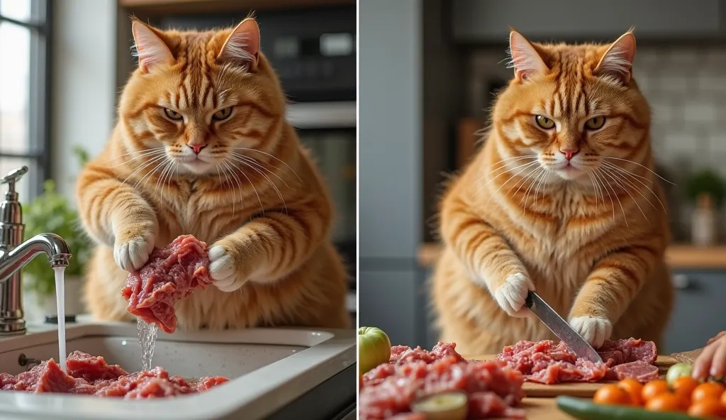 "A chubby, oversized orange tabby cat standing in a sleek, modern kitchen, washing fresh ingredients in a sink. The cat holds a piece of meat in one paw under running water, its expression serious and focused. In the next scene, the cat is slicing meat and...