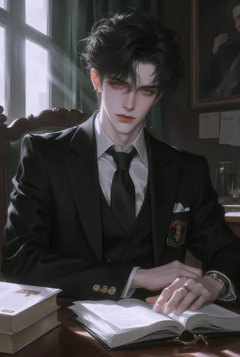 (걸작), (top quality), VERY DETAILED, ((A man)),  ( full body shot), perfect face, beautiful face, VERY DETAILEDな顔，(black hair man:1.3)，(Blue eyes)，Upper body only, simple chair, ((Detailed-white shirt detailed school uniform)), sharp eyes,  handsome face, n...