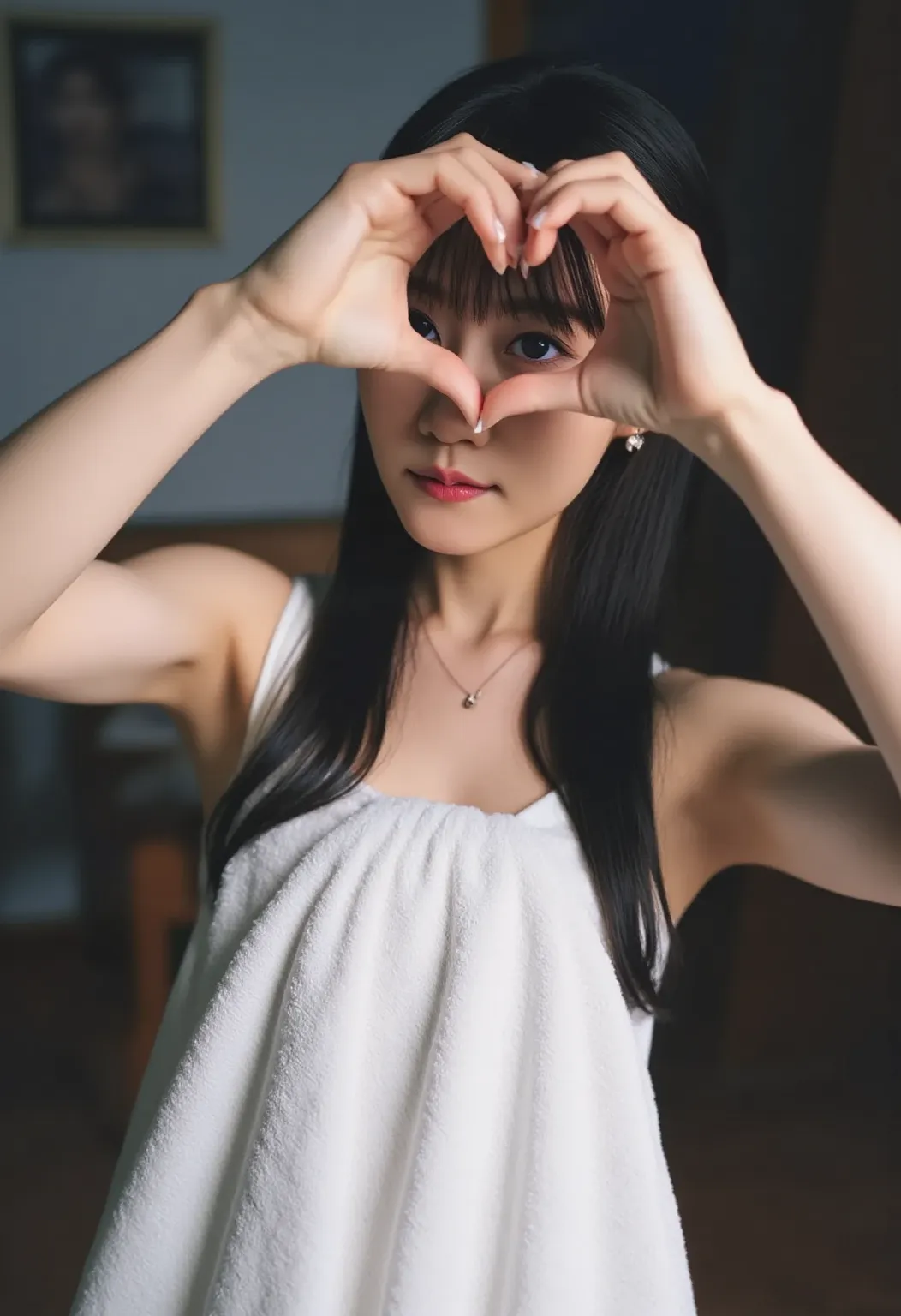 (8k, 32K, Raw Image,  Photographically,   Ultra High Resolution:1.2),     making a heart with both hands , Render as pictured , ( upper body portrait:1.2),    1 japanese girl   , 24 years old, beautiful, (long hair),   Double Eye Lid ,    high-resolution s...