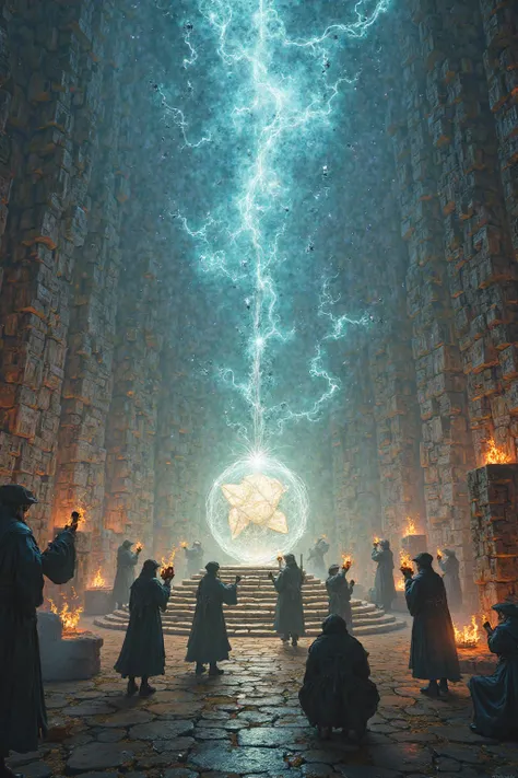 Inside the immense Celestial Tower, several young wizards practice spells in a large room, their gestures flowing with precision while manipulating the magical energy around. Several wizards are in groups, conjuring flames and air currents that intertwine,...