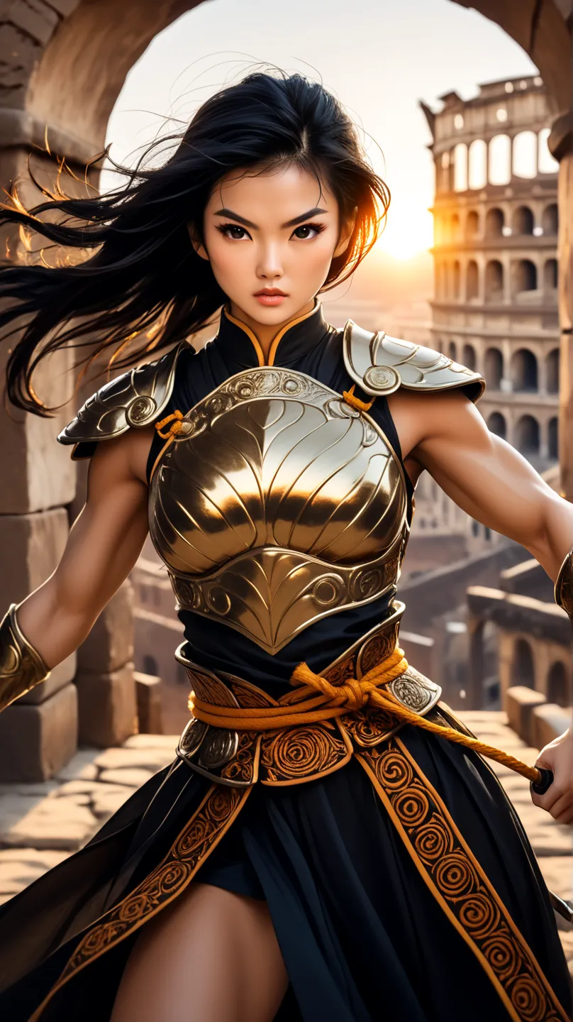 A young Asian warrior woman of tall, imposing stature, wearing shiny bronze armor that highlights her strong, feminine muscles. Her face is of rare beauty, with elegant features and an expression of determination and strength. Her skin is extremely milky w...