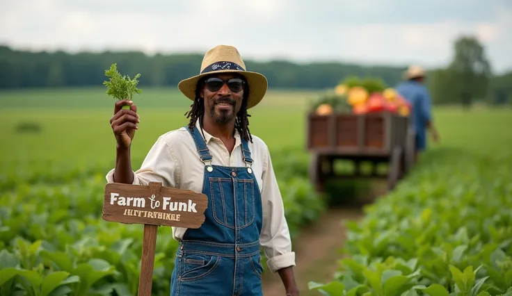 A hyper-realistic, ultra-HD image of Snoop Dogg standing in a lush green Amish field, surrounded by white Amish farmers. He wears a modified Amish outfit—simple overalls but with a hint of modern flair, and a neatly folded bandana under his straw hat. With...